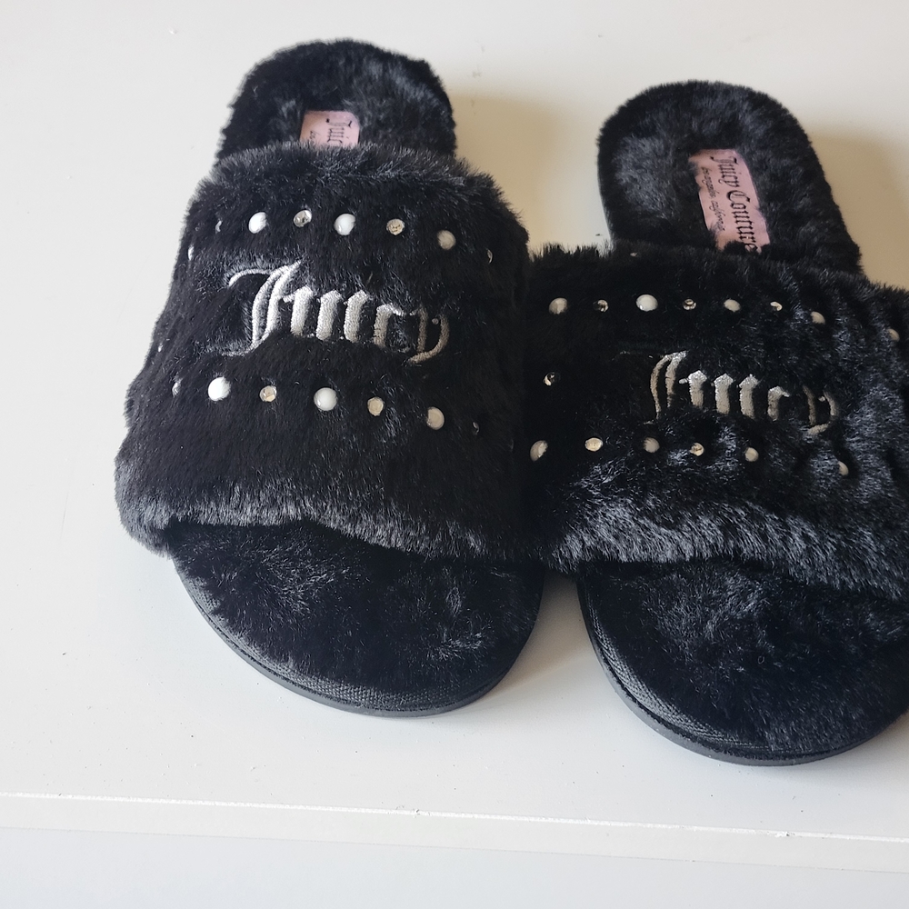 Juicy Couture Black Furry Slippers